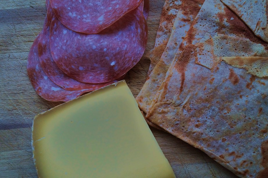 Salami, crepes and cheese